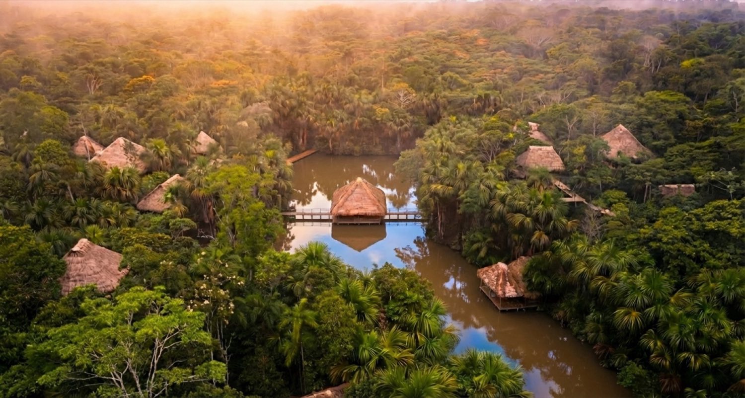 Aerial photograph of the AWAKEN Sanctuary base at dawn