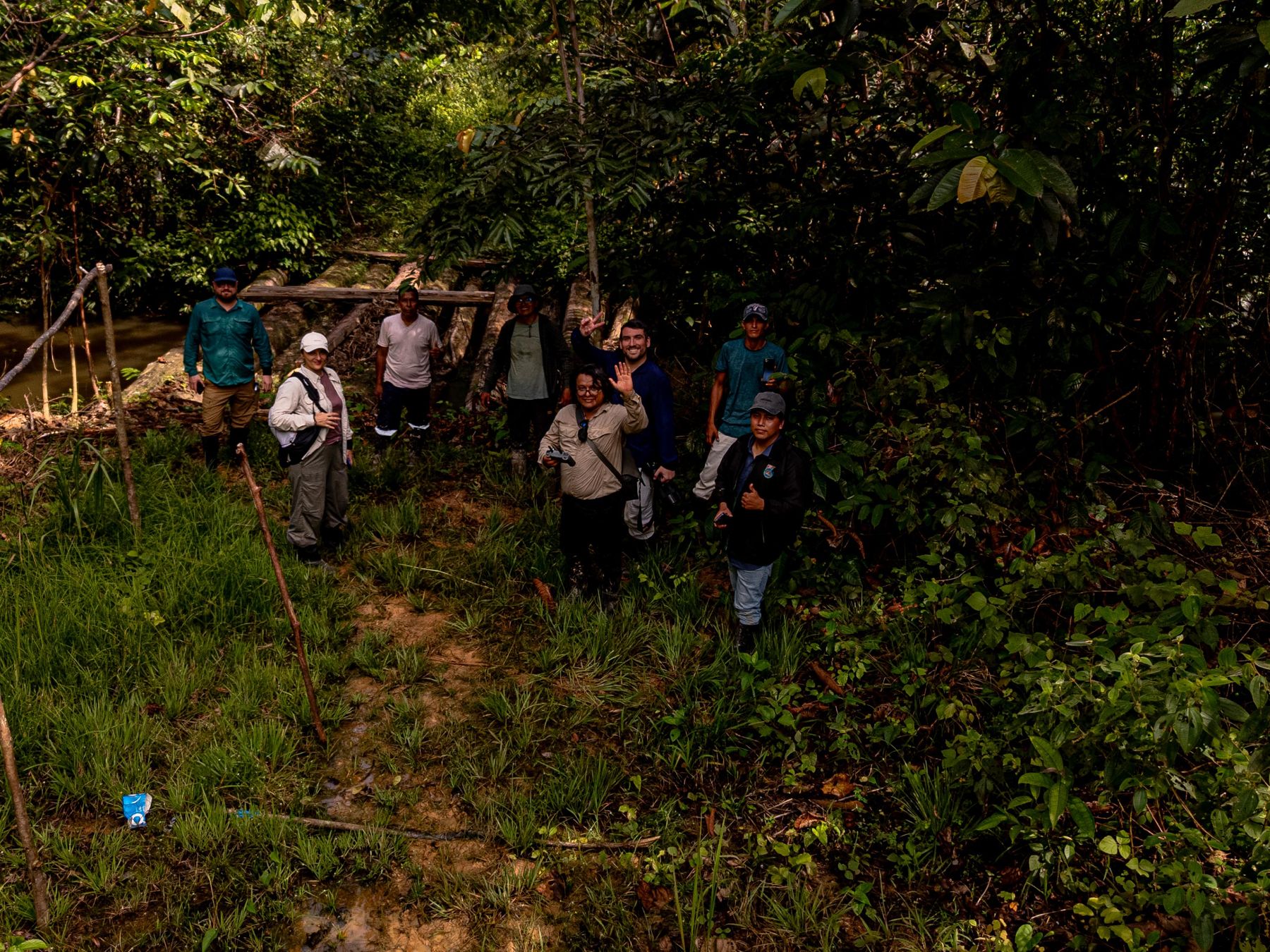 The field team at a forest camp, Loreto, seen from above