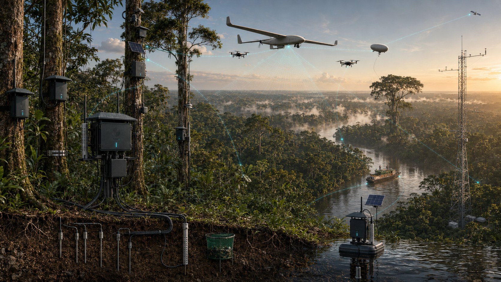 Render of the CeibaQ sensing system installed in the forest: nodes on the trees, soil probes, a hydro node, a flux tower, drones over the canopy